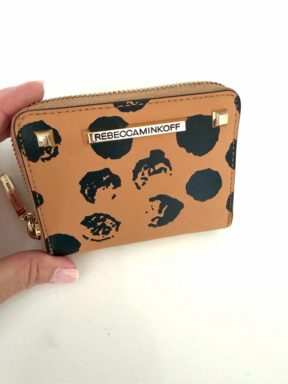 REBECCA MINKOFF•tan saffiano leather dot zip around wallet cardholder NWOT